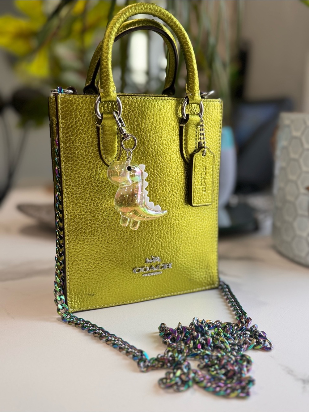Coach Metallic Lime Pebbled Leather Mini North South Bag